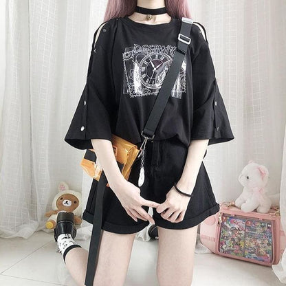 Fashion Off-the-shoulder Fate Clock Short Sleeve T-shirt MK15076 - KawaiiMoriStore