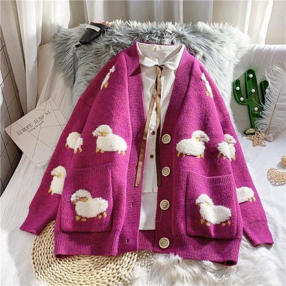 Fashion Sheep Motifs Cardigans V-neck Coat MK15406 - KawaiiMoriStore