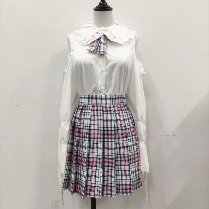 Fashion Splicing Off-shoulder Shirt+Pleated Skirt Two Piece Set MK15119 - KawaiiMoriStore