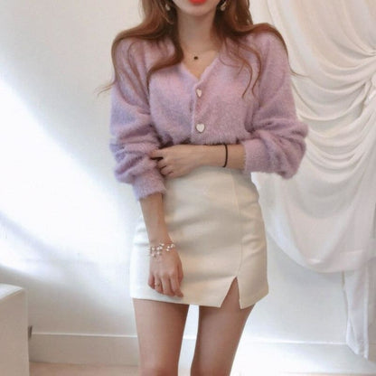 Fashion V-neck Single Breasted  Knitting Cardigan Sweater MK15599 - KawaiiMoriStore