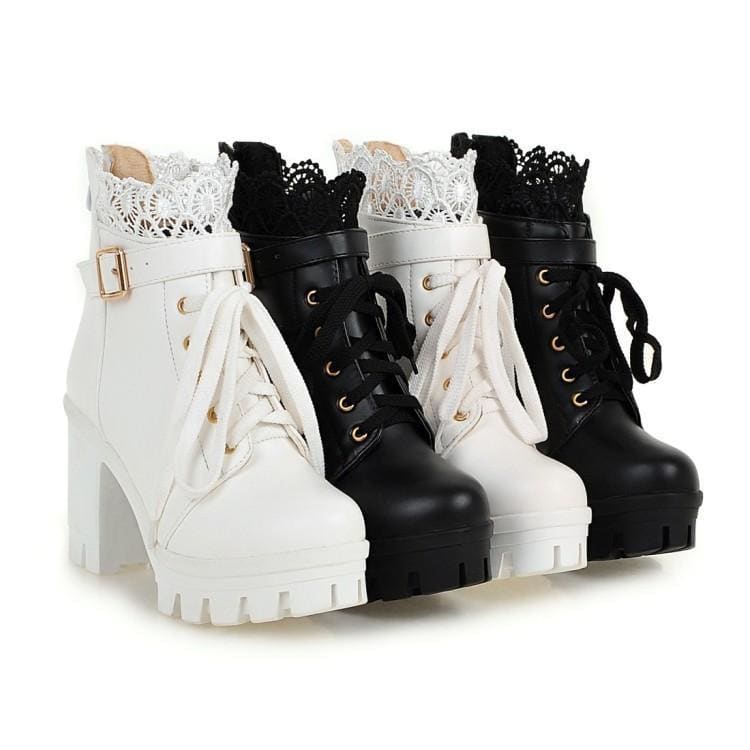 Final Stock! Black/White Lace Buckle High Heel Boots MK1710666 - KawaiiMoriStore