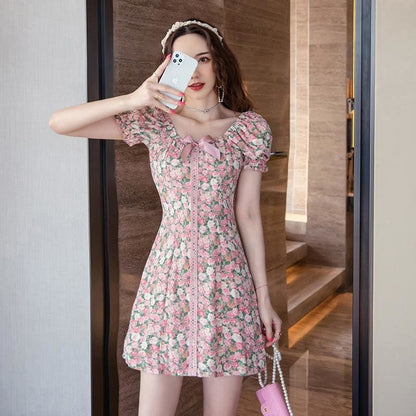 Floral Bow Square Neck Mini Dress