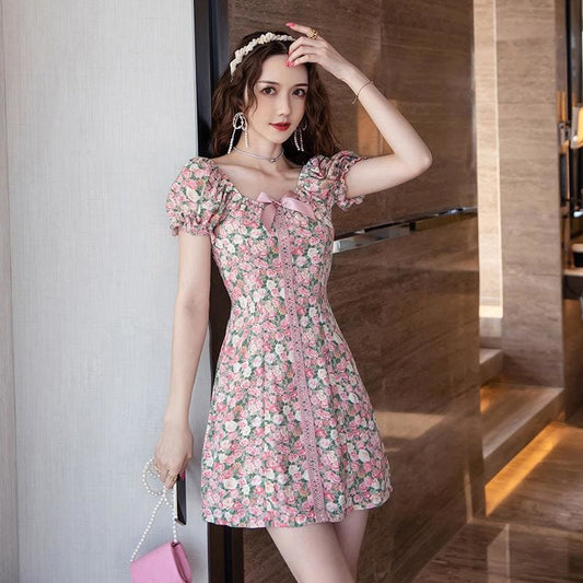 Floral Bow Square Neck Mini Dress