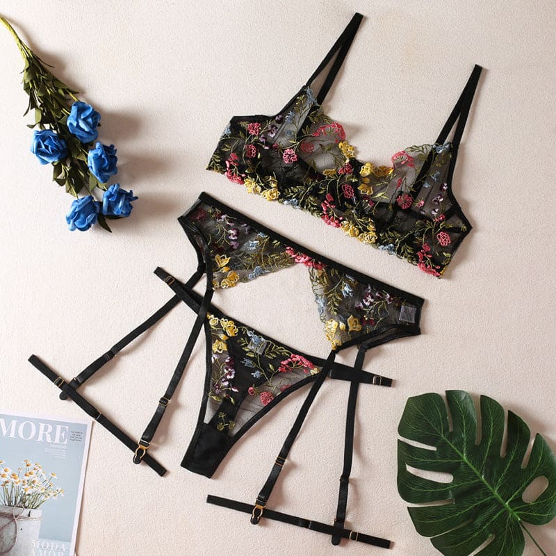 Floral Lingerie Set - Black / S - lingerie