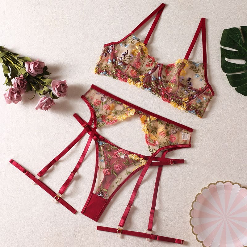 Floral Lingerie Set - Wine Red / S - lingerie