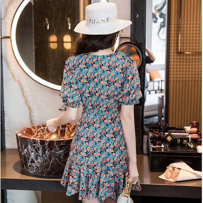 Floral V-Neck Pleated Mini Dress