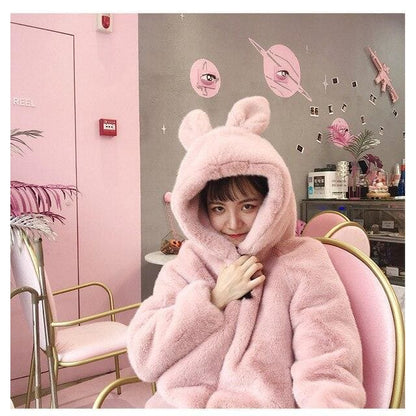 Fluffy Cute Faux Fur Rabbit Ears Hooded Cardigan Coat MK15523 - KawaiiMoriStore