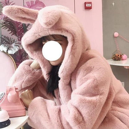 Fluffy Cute Faux Fur Rabbit Ears Hooded Cardigan Coat MK15523 - KawaiiMoriStore