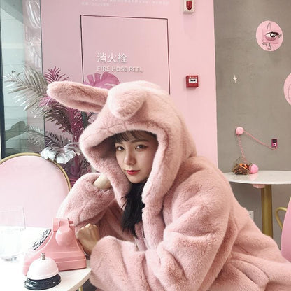 Fluffy Cute Faux Fur Rabbit Ears Hooded Cardigan Coat MK15523 - KawaiiMoriStore