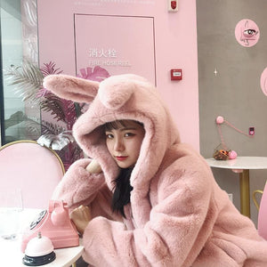 Fluffy Cute Faux Fur Rabbit Ears Hooded Cardigan Coat MK15523 - KawaiiMoriStore