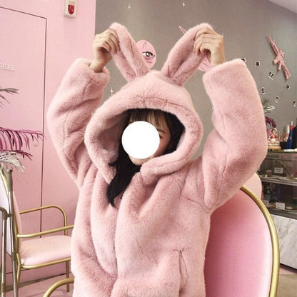 Fluffy Cute Faux Fur Rabbit Ears Hooded Cardigan Coat MK15523 - KawaiiMoriStore