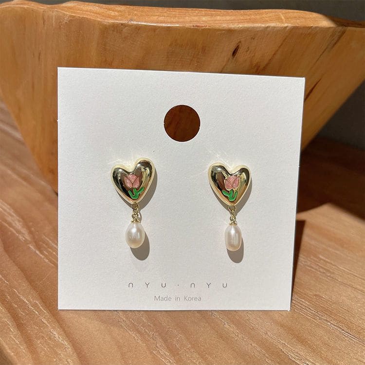 French Tulip Love-Heart Pearl Earrings - As photo - earrings