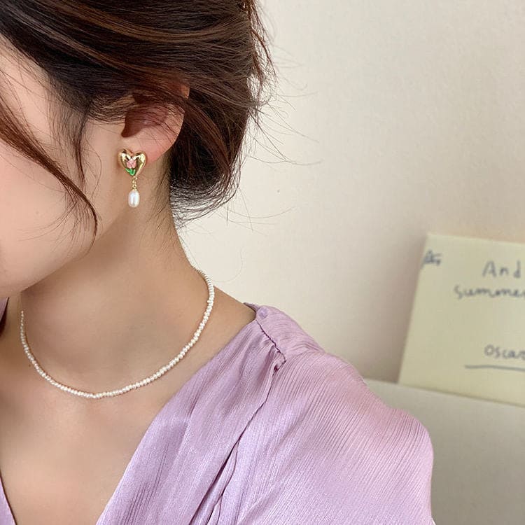 French Tulip Love-Heart Pearl Earrings - As photo - earrings