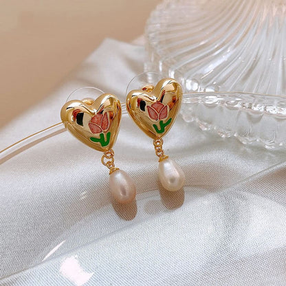 French Tulip Love-Heart Pearl Earrings - As photo - earrings