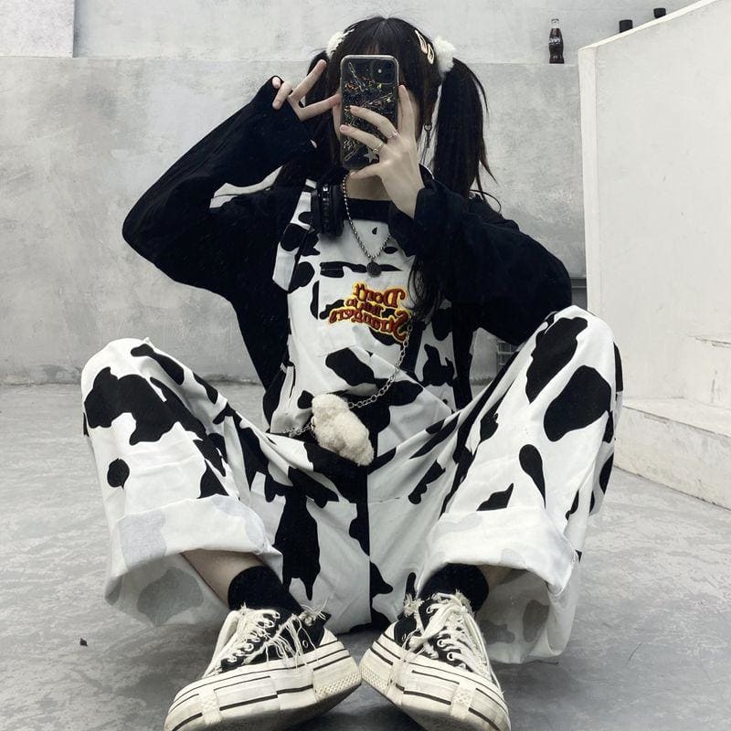 Funny Cute Cow/Checker Overalls MK15663 - KawaiiMoriStore