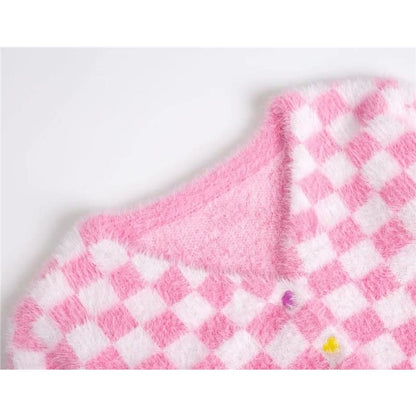 Fuzzy Pink Checkered Cropped Cardigan - One Size