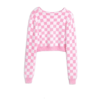 Fuzzy Pink Checkered Cropped Cardigan - One Size