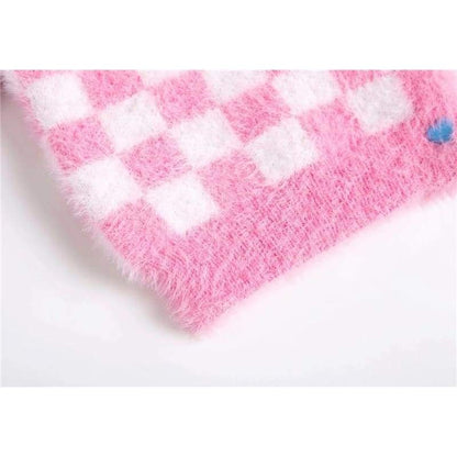 Fuzzy Pink Checkered Cropped Cardigan - One Size