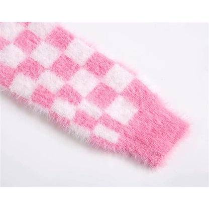 Fuzzy Pink Checkered Cropped Cardigan - One Size