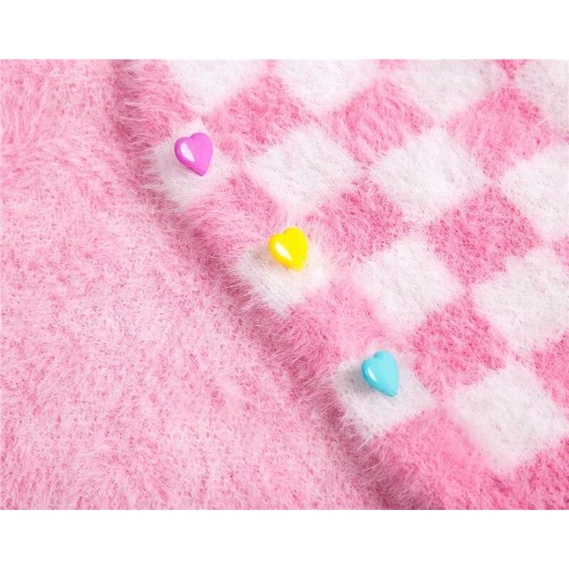 Fuzzy Pink Checkered Cropped Cardigan - One Size