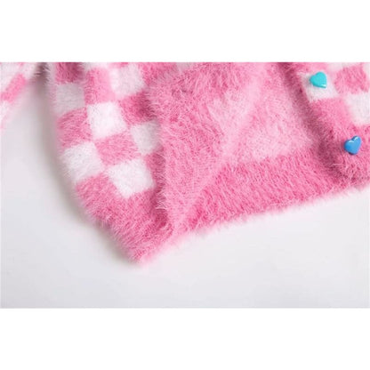 Fuzzy Pink Checkered Cropped Cardigan - One Size