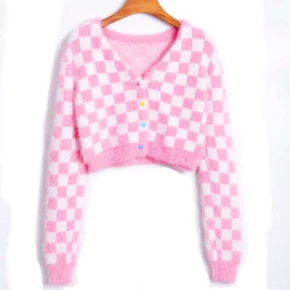 Fuzzy Pink Checkered Cropped Cardigan - One Size