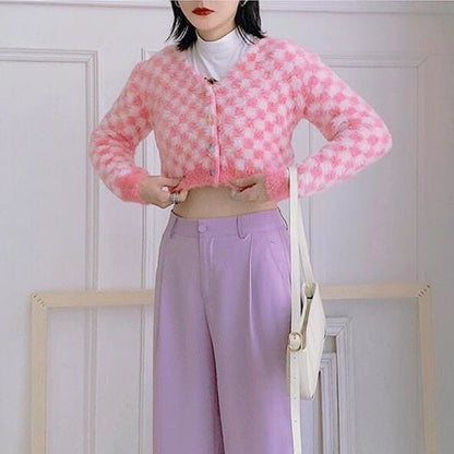 Fuzzy Pink Checkered Cropped Cardigan - One Size