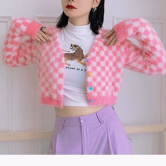 Fuzzy Pink Checkered Cropped Cardigan - One Size