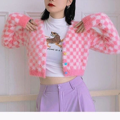 Fuzzy Pink Checkered Cropped Cardigan - One Size