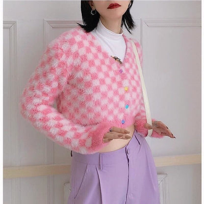 Fuzzy Pink Checkered Cropped Cardigan - One Size