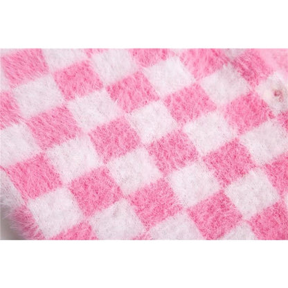 Fuzzy Pink Checkered Cropped Cardigan - One Size