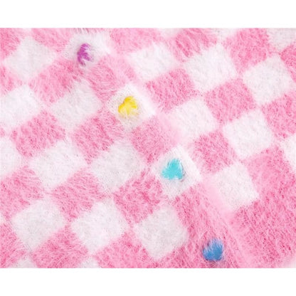 Fuzzy Pink Checkered Cropped Cardigan - One Size