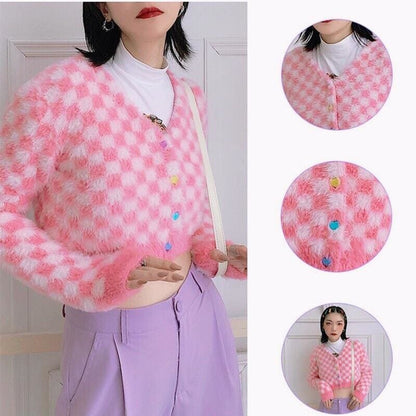 Fuzzy Pink Checkered Cropped Cardigan - One Size