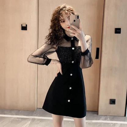 Gauze Long Sleeve Splicing Dress