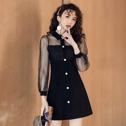 Gauze Long Sleeve Splicing Dress