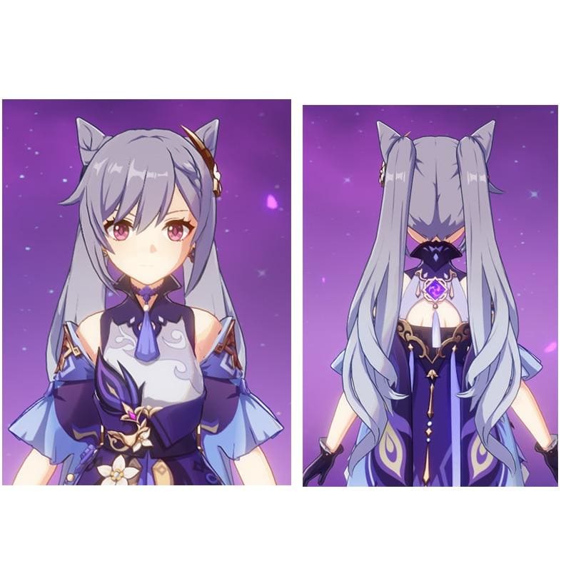 Genshin Impact KEQING Gradient Purple Cosplay Long Curly Ponytails Ears Wig MK15298 - KawaiiMoriStore