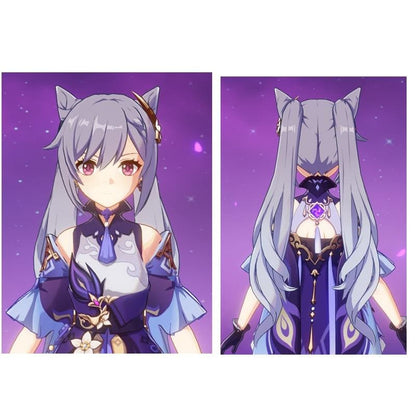 Genshin Impact KEQING Gradient Purple Cosplay Long Curly Ponytails Ears Wig MK15298 - KawaiiMoriStore