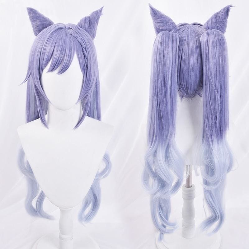 Genshin Impact KEQING Gradient Purple Cosplay Long Curly Ponytails Ears Wig MK15298 - KawaiiMoriStore