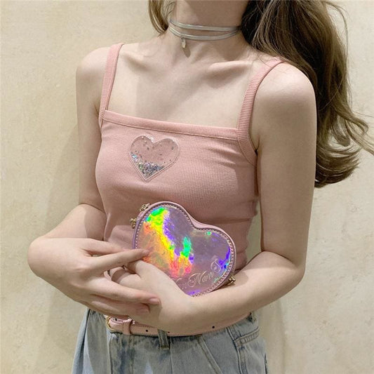 Glitter Heart Pink Pastel Kawaii Aesthetic Crop Top - One 