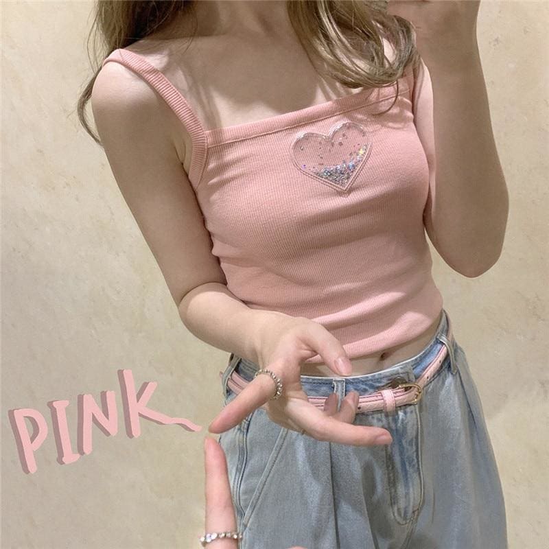 Glitter Heart Pink Pastel Kawaii Aesthetic Crop Top - One 