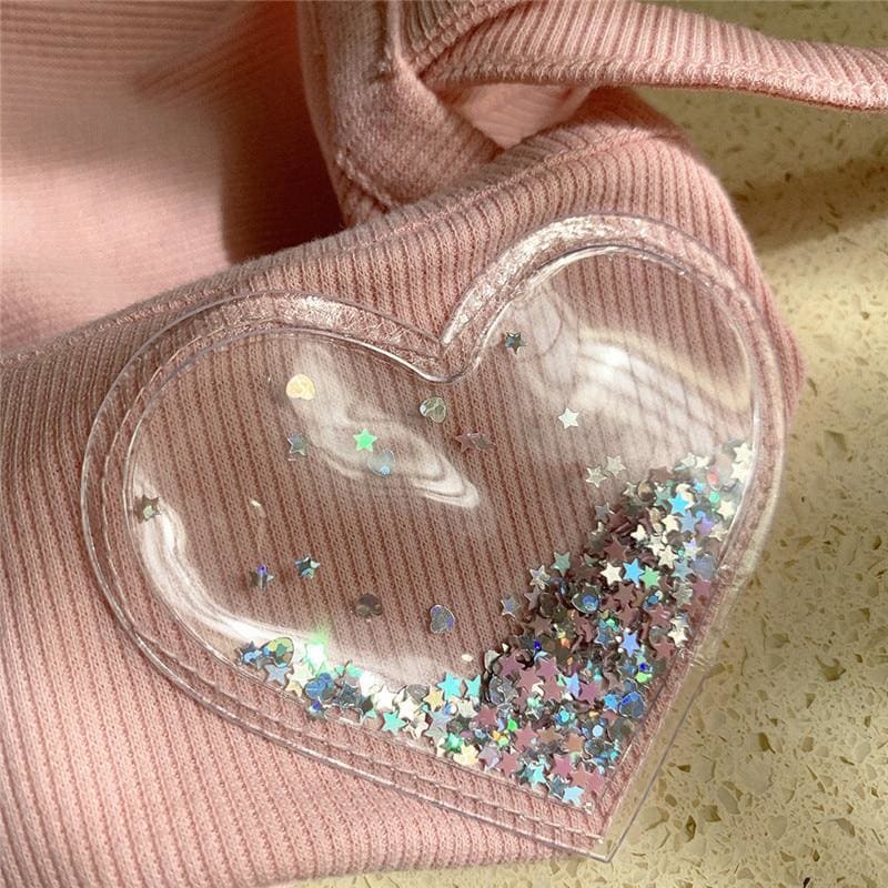 Glitter Heart Pink Pastel Kawaii Aesthetic Crop Top - One 