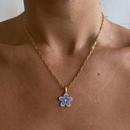 Gold Chain Flower Pendant Necklace - blue - necklace