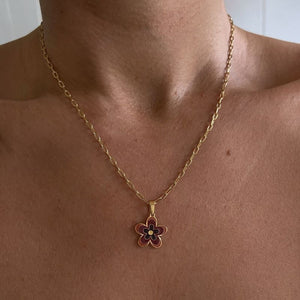 Gold Chain Flower Pendant Necklace - brown - necklace