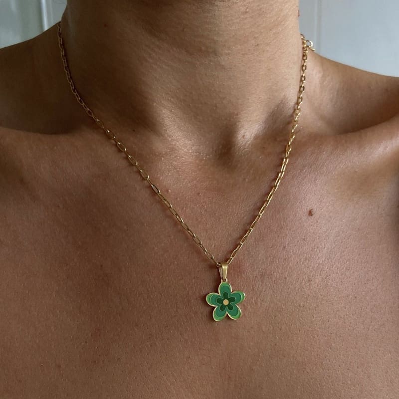 Gold Chain Flower Pendant Necklace - green - necklace