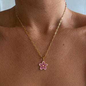Gold Chain Flower Pendant Necklace - Pink - necklace