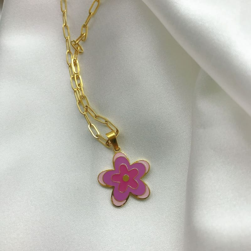 Gold Chain Flower Pendant Necklace - purple - necklace