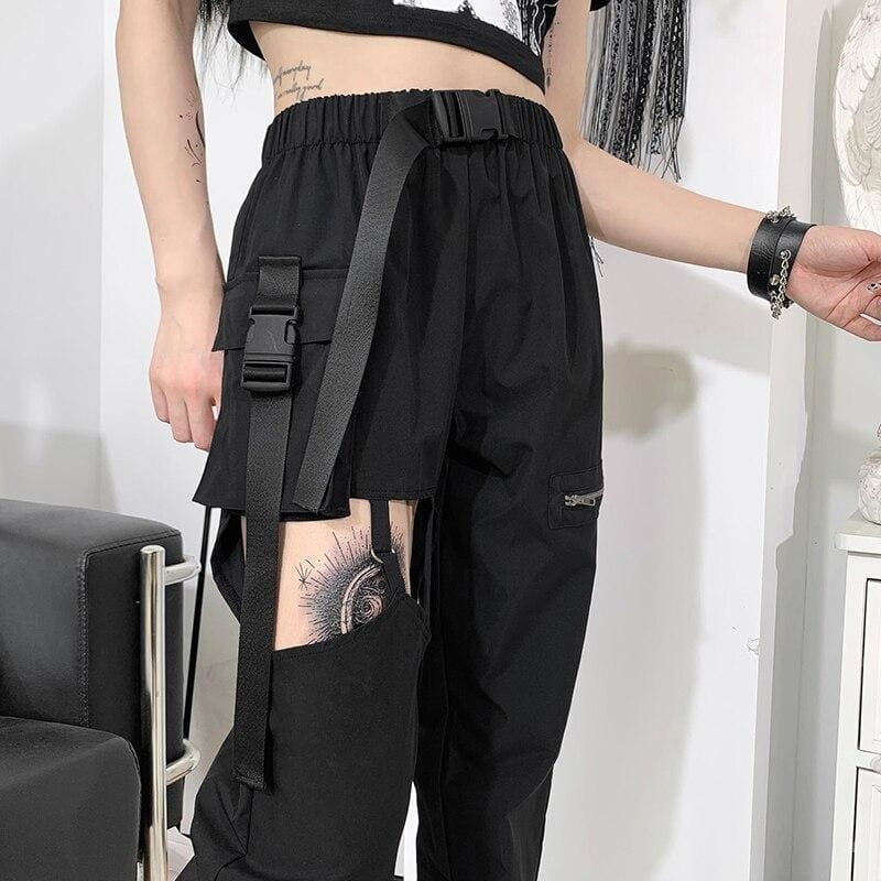 Goth Black Punk Streetwear Hollow Out Big Pocket Trousers - 