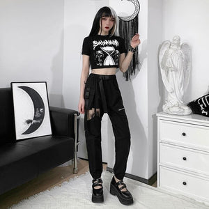 Goth Black Punk Streetwear Hollow Out Big Pocket Trousers - 