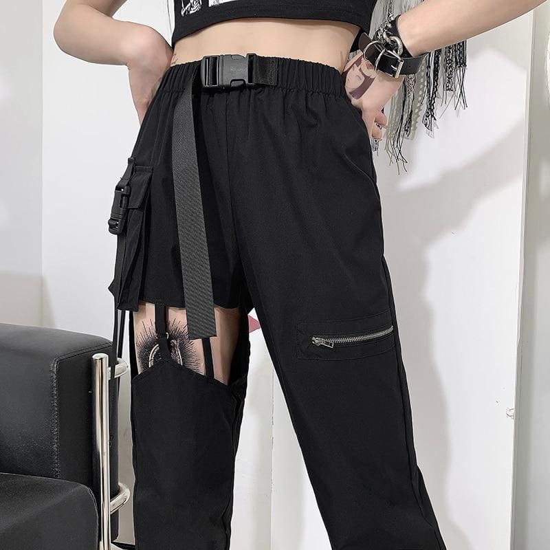 Goth Black Punk Streetwear Hollow Out Big Pocket Trousers - 