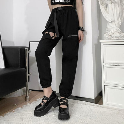 Goth Black Punk Streetwear Hollow Out Big Pocket Trousers - 